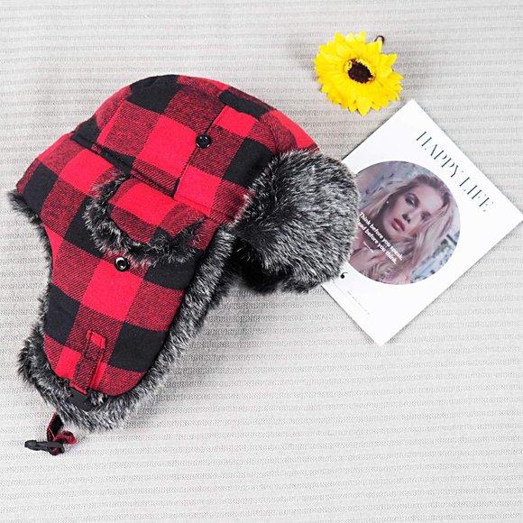 Men's Buffalo Plaid Aviator Fur Trapper Bomber Hat with Ear Flaps - Picture 3 of 8